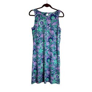 Talbots Women’s Medium Purple Green Floral Dress Keyhole Back Stretch Sleeveless